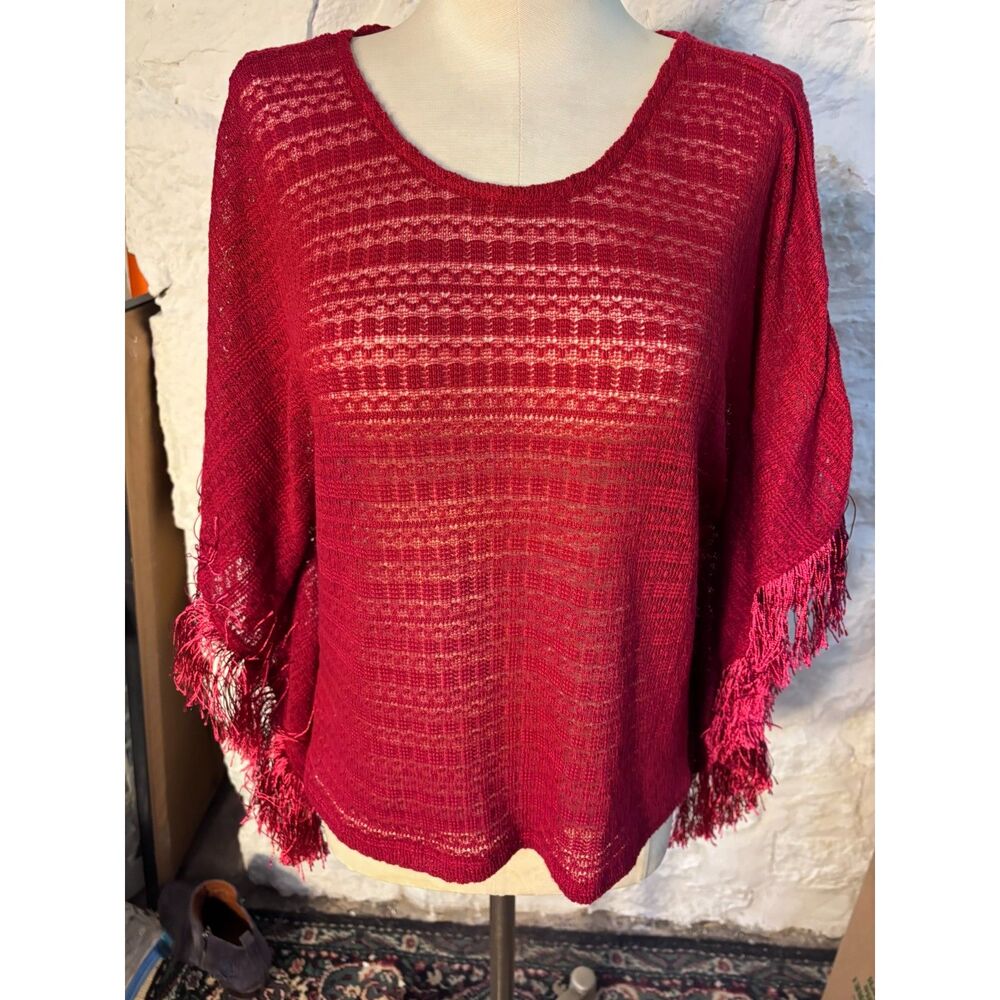 Olsenboye Berry Red Fringe Poncho Sweater Open Knit Boho Festival Top XS